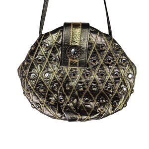 Vintage 80's Gold Bronze Metal Rhinestone Rivets Semi-Round Hinged Shoulderbag